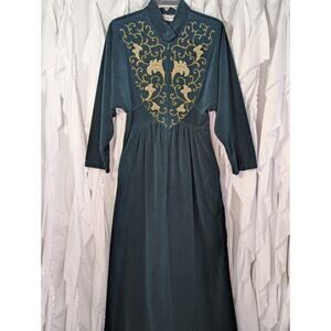 Vanity Fair Size S Green Velour Robe/Housecoat Maxi w/Gold & Orange Embroid. VTG